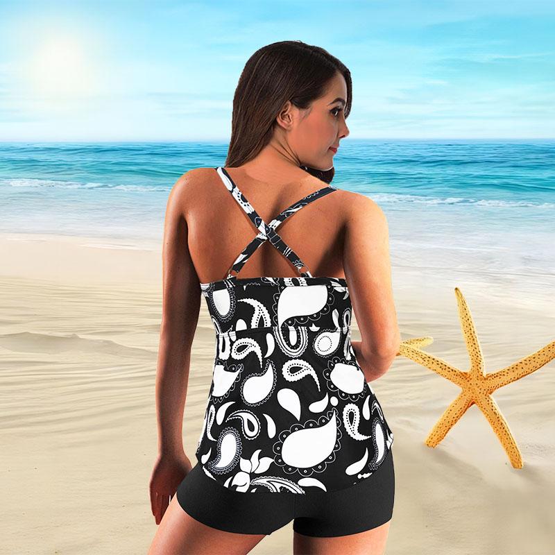 Women's Shoulder Strap Swimsuit White Paramecium Printed Bikini Short Tank Top Swimsuit