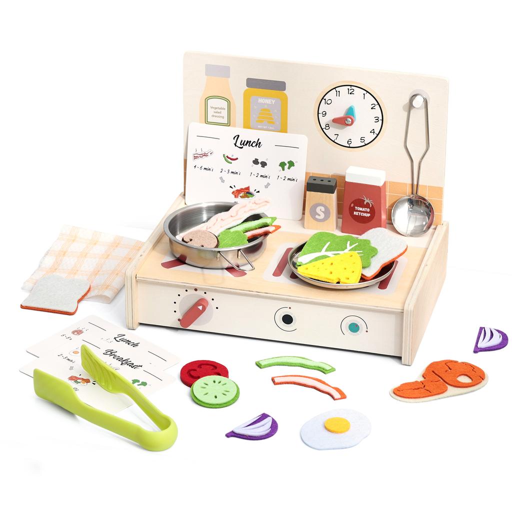 Early Education Wooden Simulation Cooking Kitchen Pretend Play Toy, Wooden Stove Cookware Tableware Cognitive Toy for Baby
