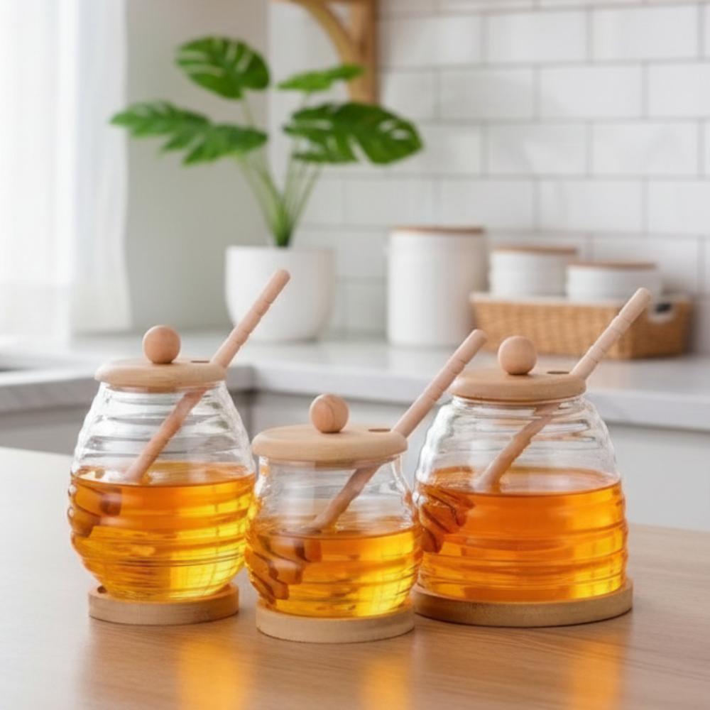 Transparent Glass Honeycomb Tank 280/400/500ml Honey Storage Container With Dipper And Lid Large Capacity Elegant Honey Bottle