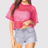 Fishnet Loose T-shirts Sexy O-neck Short Sleeve Hollow Out Black Cropped Tee Tops