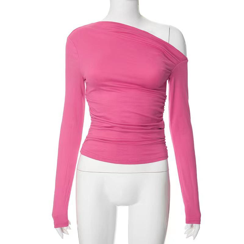 2025 Women's Asymmetrical One-Shoulder Solid Color Long Sleeve Slim Fit Cropped Top