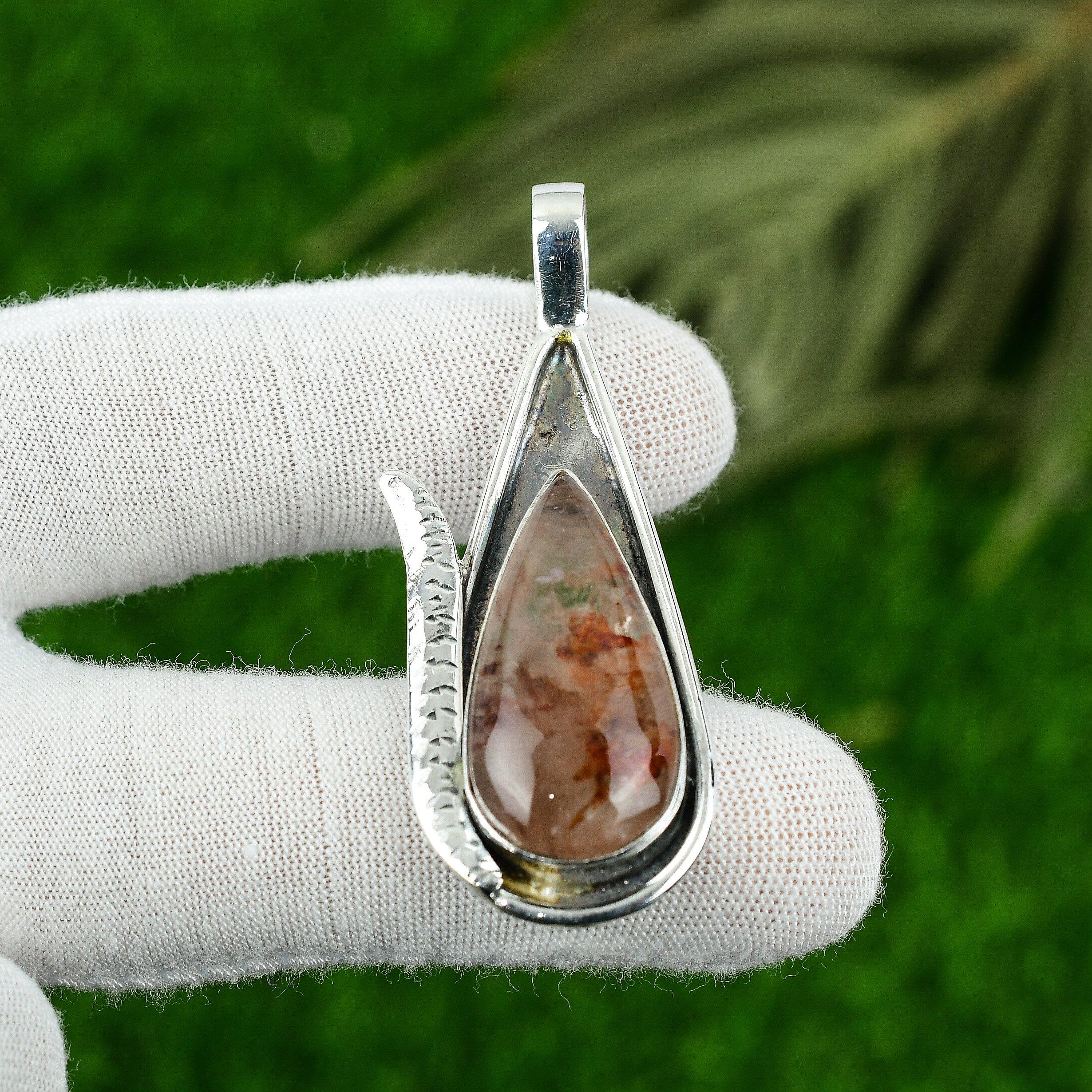 Pear Elestial Quartz Gemstone Sterling Silver Handcrafted Mother Bezel Pendant