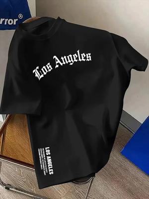 2025 Men's Summer 100_ Cotton Fashion Los Angeles Letter Printed Loose Large Casual Comfortable Round Neck Short Sleeve T-shirt