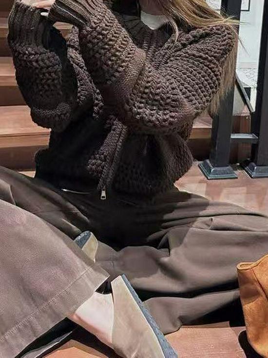 Women's Retro Korean Cable Knit Zipper Cardigan – Autumn/Winter Loose Round Neck Solid Knitwear