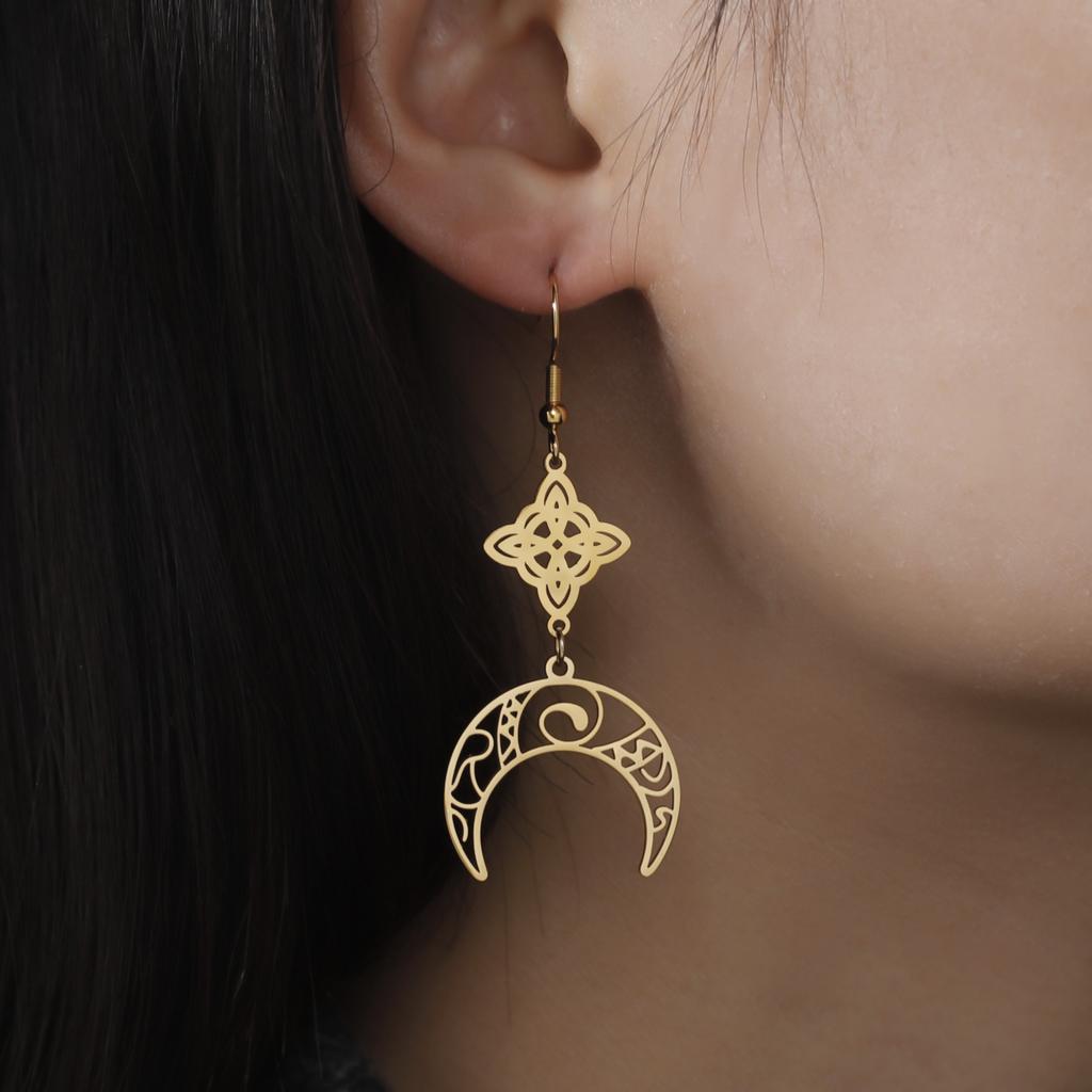 Fashion Long Hollow Moon Double Hole Tassel Earrings Simple Versatile Slimming Earrings