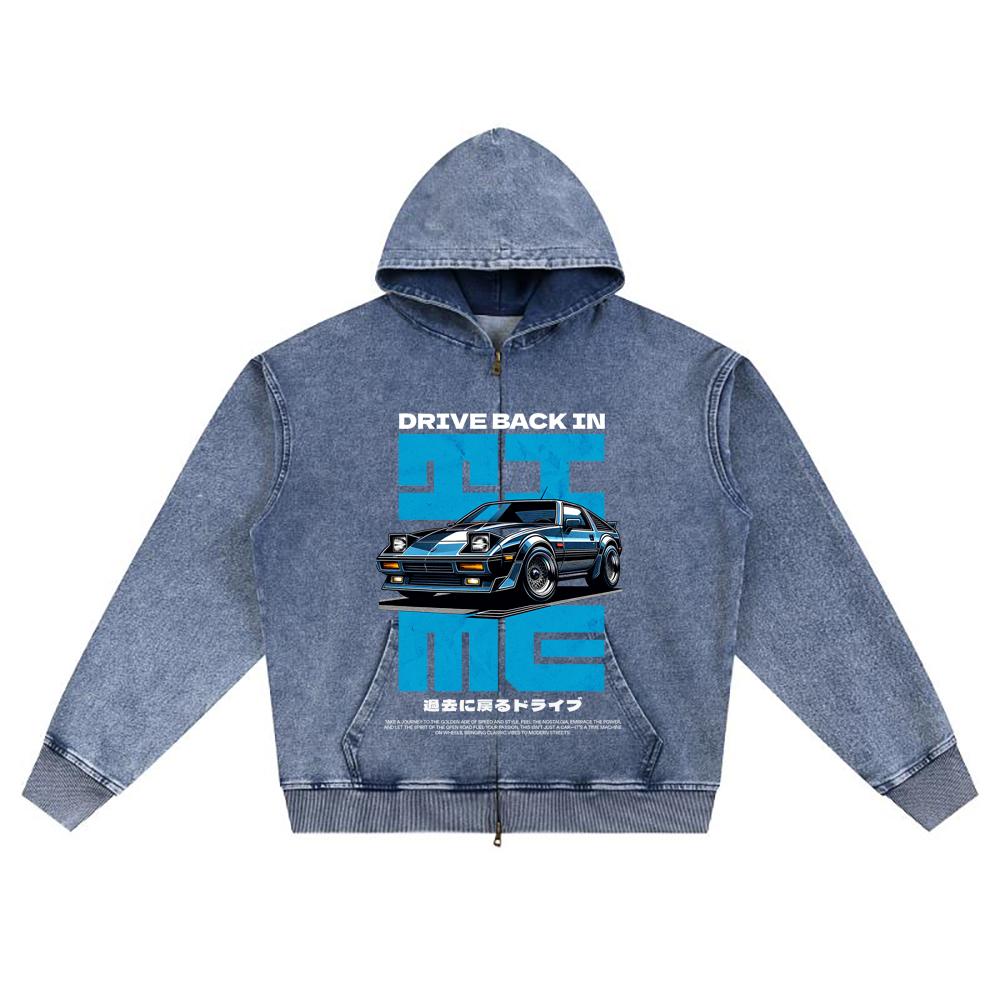 DTG Print Knitted Denim Zip-Up Hoodie Drive Back In Time Brother Print Zipper Hoodies  