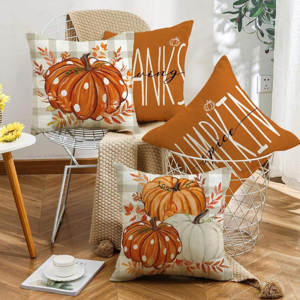 Fall Throw Pillow Covers Of 4, Watercolor Pumpkin Maple Leaf Pillows Autumn Thanksgiving Harvest Thankful Pillows Cushion Case