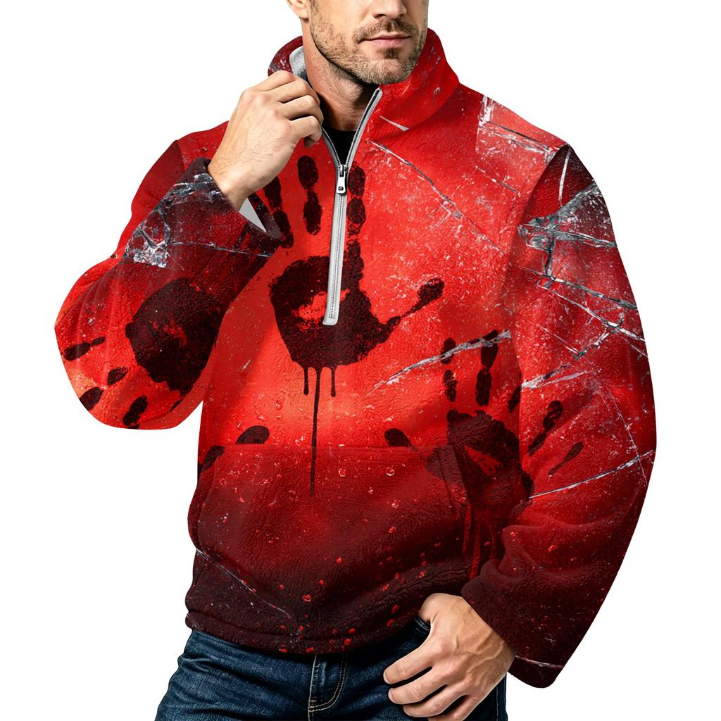 Men's Halloween Print Flannel Zip-Up Sweatshirt with Stand Collar, Plus Size Fall Winter Casual Top