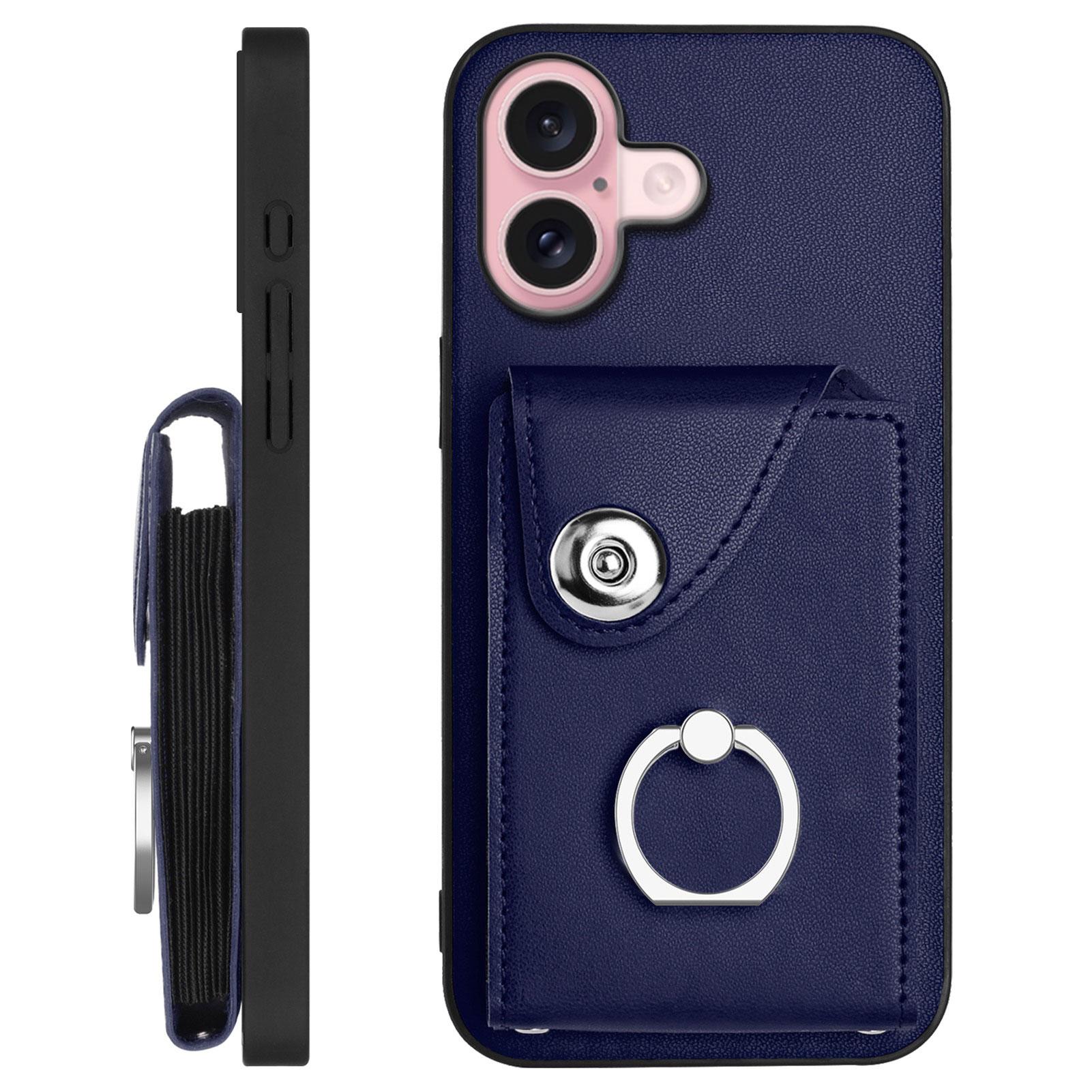 

For iPhone 16 Case YB Leather Coating Series-7 Card Holder Leather TPU Phone Cover with Kickstand Sapphire