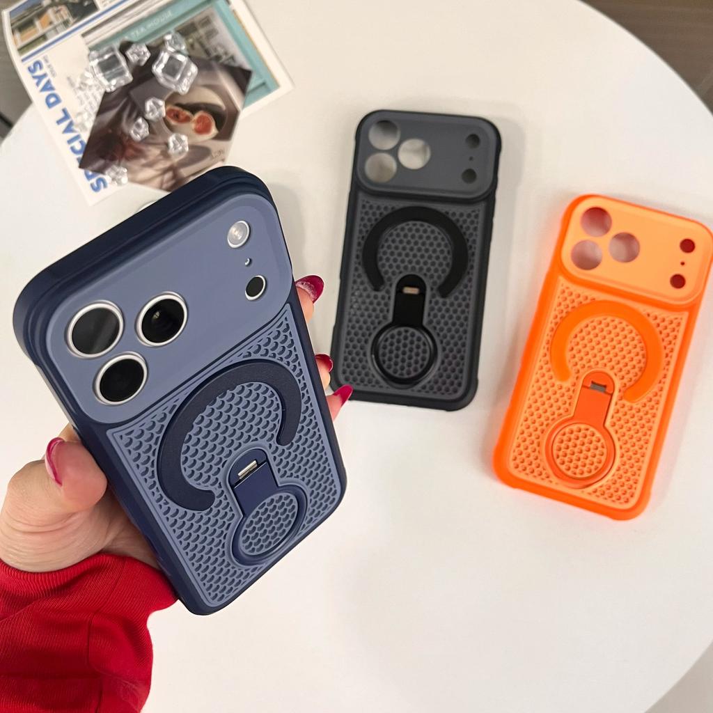 Heat Dissipation Magnetic Metal Grip Bracket Case For iPhone Air 17 16 15 14 13 12 11 Pro Max Plus For Magsafe Stand Phone Cover