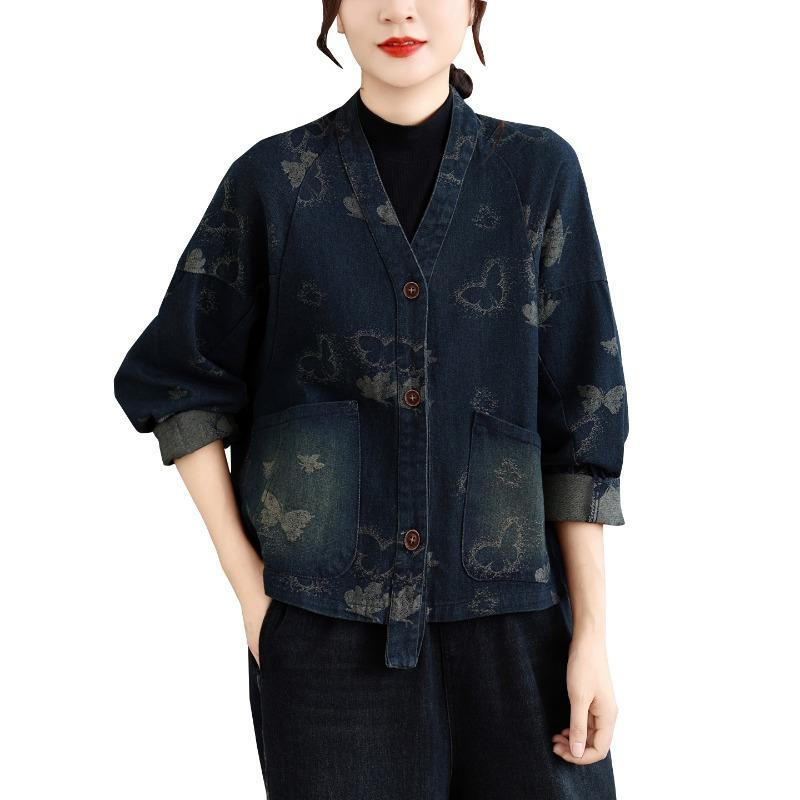 DIMANAF 2026 Autumn Winter Plus Size Women Denim Jackets Coat Casual Long Sleeve Blue Print Floral Loose Buttons Vintage Outwear
