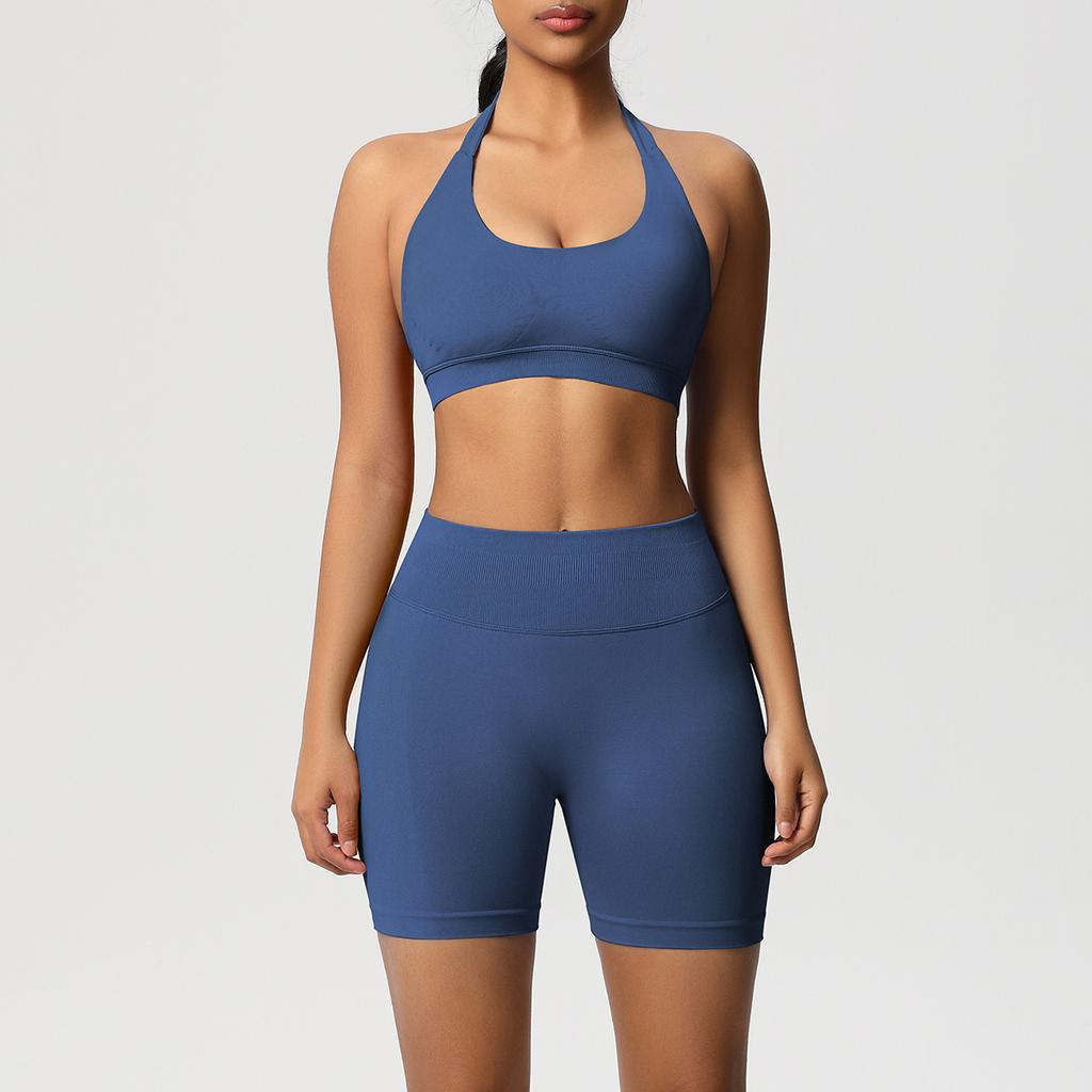 Seamless back neck sports bra shorts yoga suit tight running fitness two-piece set