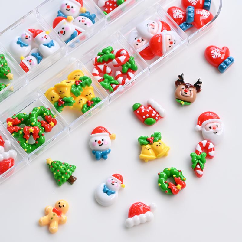 12 Kratek 36/60 Sztuk Kawaii Mini Bałwan Choinka Charmsy do Paznokci 3D Renifer Święty Mikołaj Rhinestonesy do Paznokci Żywiczne Boże Narodzenie Klejnoty do Paznokci
