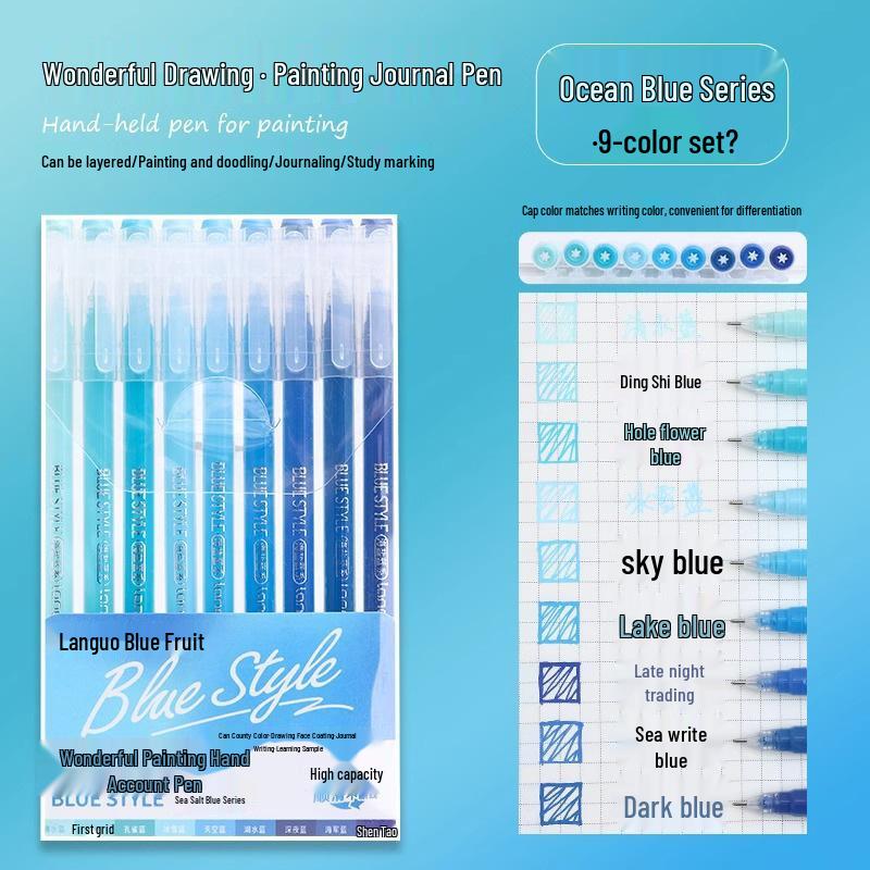 Blue Fruit Large Capacity Journal & Pen Set: Includes Highlighter, Drawing Pen, Gel Pen, Colored Single-Tip Pen.