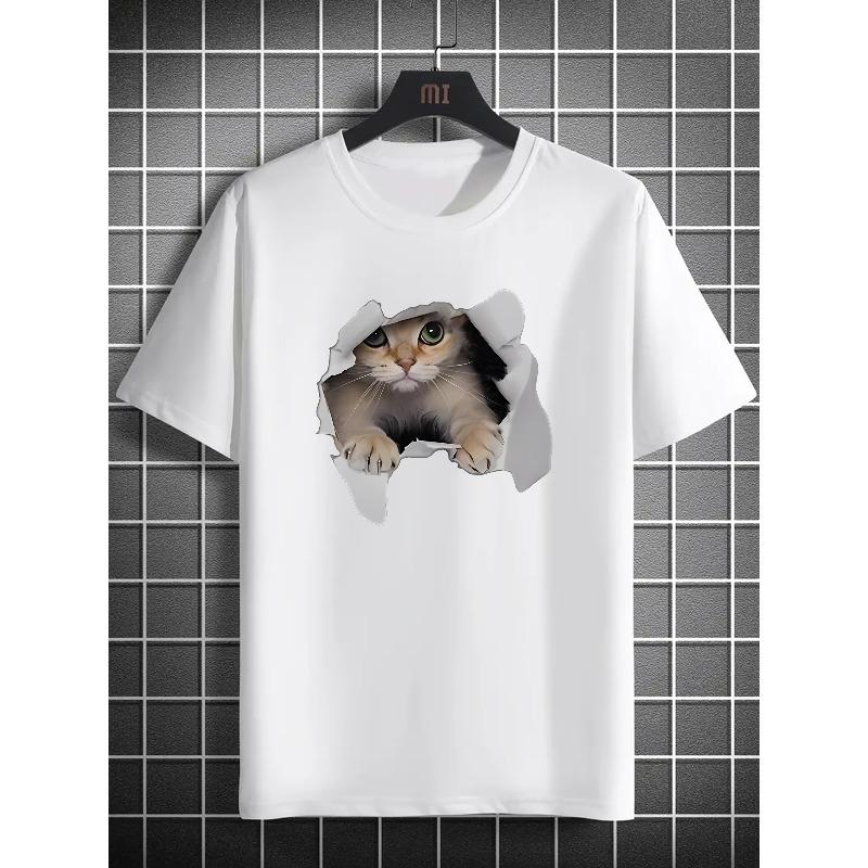 European sizes Men's Casual Novelty CAT PATTERN Print T-Shirt, Casual Fashion Tee, Street Style Short Sleeve Crew Neck Shirt For Summer