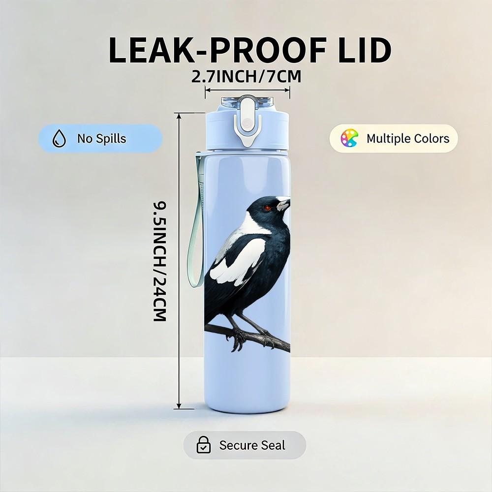 1PC Black Magpie Bird Illustration 750ml Color Plastic Sports Water Bottle Leakproof Flip Straw Lid Suitable for Sports Office Home Use