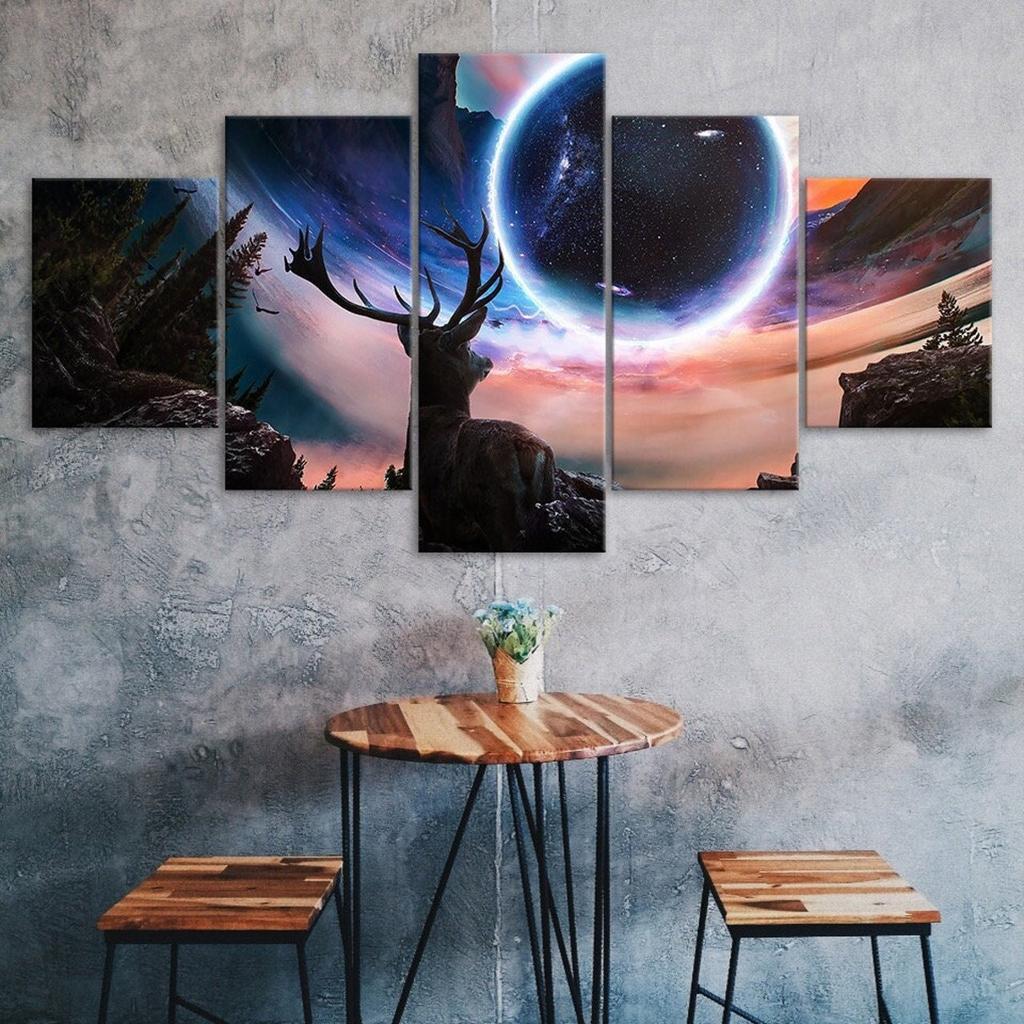 Deer Animal Mystical Cosmos Scenery 5 Piece Five Panel Wall Canvas Print Modern Art Poster Home Decor Gift For Him For Her