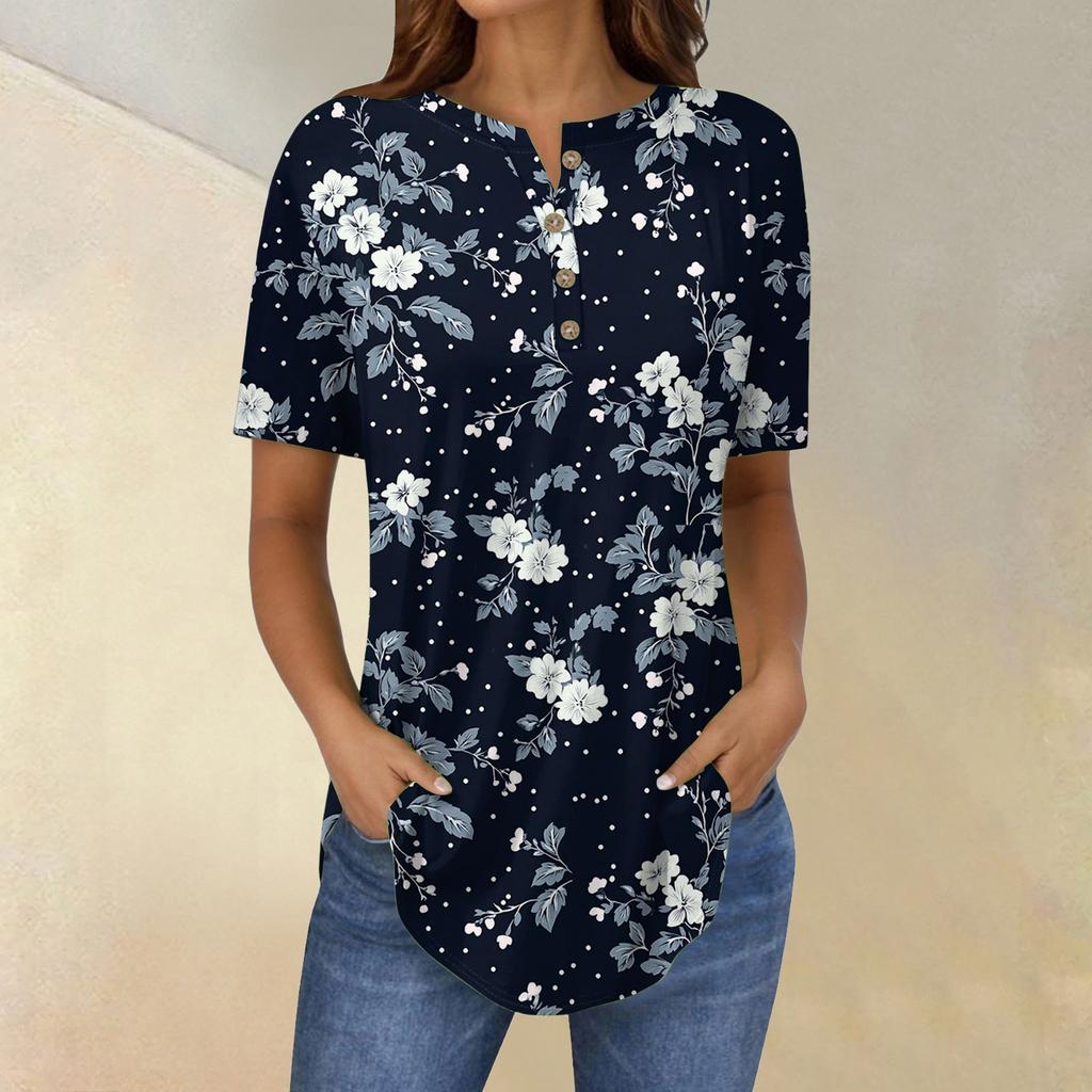Short Sleeve Womens Tops Summer T-Shirts Floral Print V Neck Casual Basic Tee Button Shirts Tunic Tops
