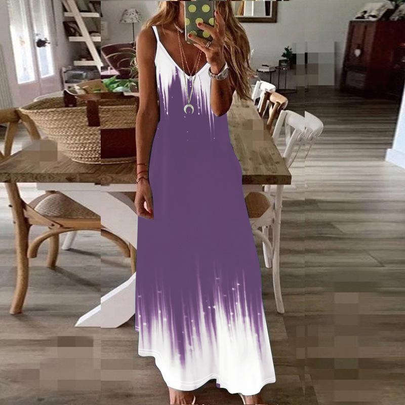 Women's Gradient Print Spaghetti Strap Maxi Dress Casual V Neck Sleeveless Long Beach Dress