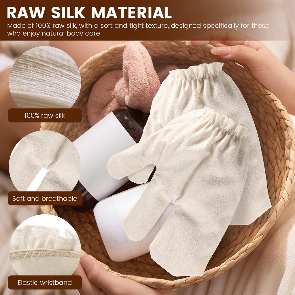 1 Paar Peeling-Duschhandschuhe Weicher Rohseiden-Körpermassagehandschuh mit elastischem Handgelenkband Bade-Rubbelhandschuh zur Reinigung von Armen und Beinen