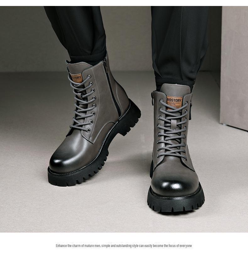 Men's Autumn & Winter Yellow Genuine Leather Boots with Thick Sole, Side Zipper, and Round Toe - Comfortable Mid-High Martin Style.