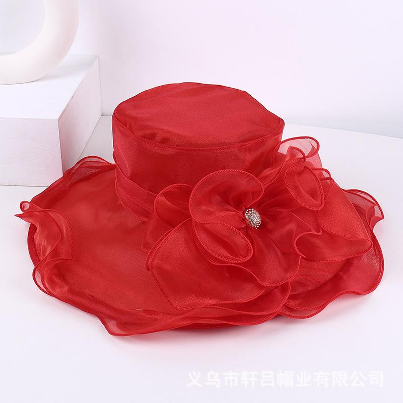 Mesh visor women's summer new solid color flower sunscreen sun hat European and American elegant crimped top hat beach hat
