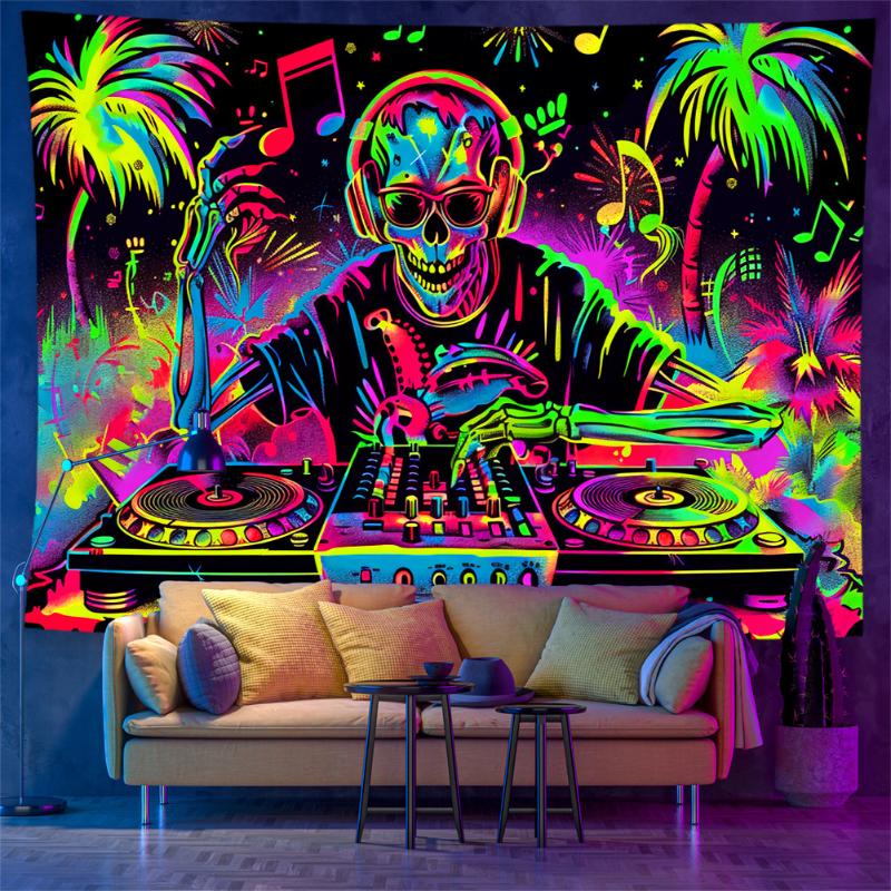 Fluorescent DJ Skeleton Theme Tapestry Polyester Wall Hanging Psychedelic Palm Tree Neon Party and Room Home Decoration