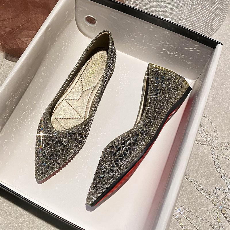 Pointed flat-soled single shoes women's 2025 summer new shallow mouth rhinestone temperament versatile soft surface height increase comfortable wom
