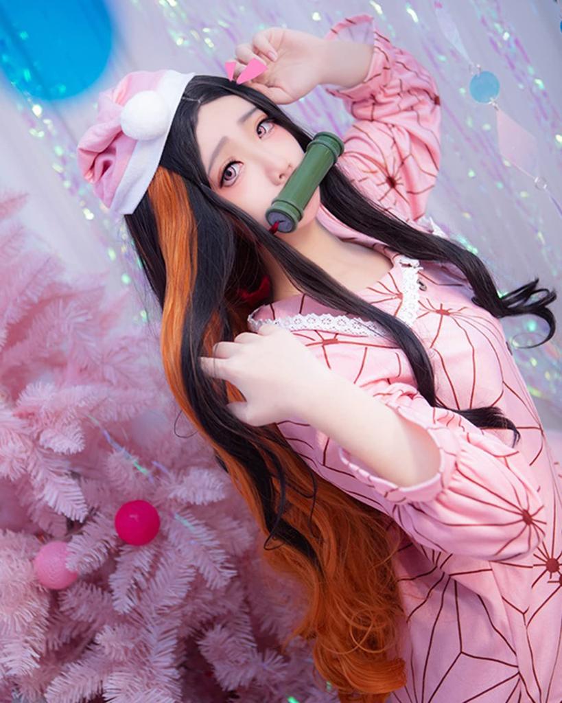 Demon Kimetsu No Yaiba Nezuko Cosplay with Wig Nezuko Kamado Pajamas Halloween Demon Slayer Costume Costume [milky Time] Slayer