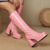 Candy Colored Glossy Patent Leather Material For Women's Knee Boots Square Toe Platform Ultra-High Thick Heel Winter Long Boots