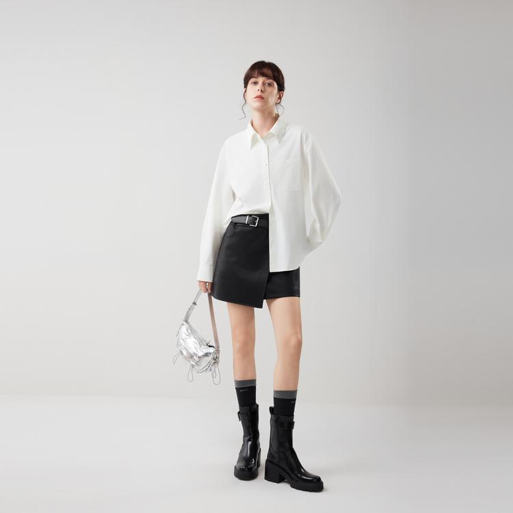 ELLE French Minimalist Fashion Design Asymmetrical Lapel Casual Loose Versatile Long Sleeve Shirt Women shirts EC52895