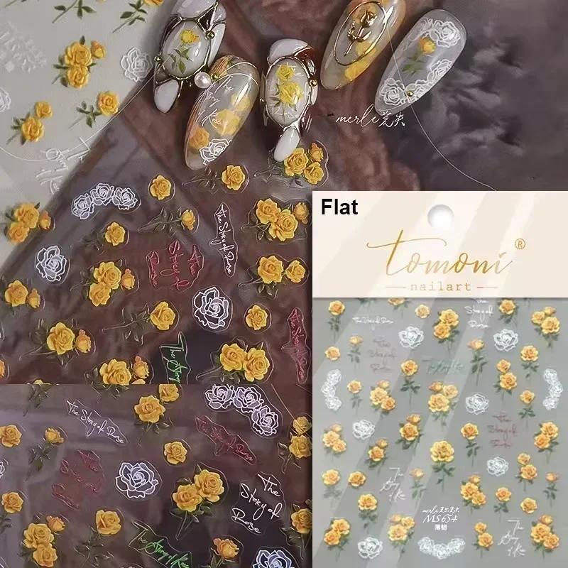 Gold Stamped Blooming Red Peony 3D Self-Adhesive Nail Art Stickers Lily Magnolia Camellia Daisy Rose Manicure Decals