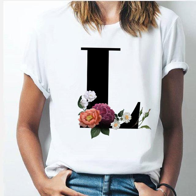 

Casual Flowers Letters A-Z Graphics Women T-Shirts Summer Tees Short Sleeve O-Neck Female Tops Streetwear Y2K Clothes S білий