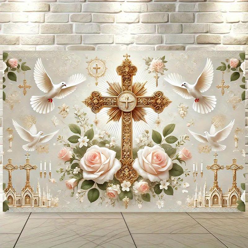 1 Elegant First Communion Celebration Background - Golden Cross and White Rose DesignL