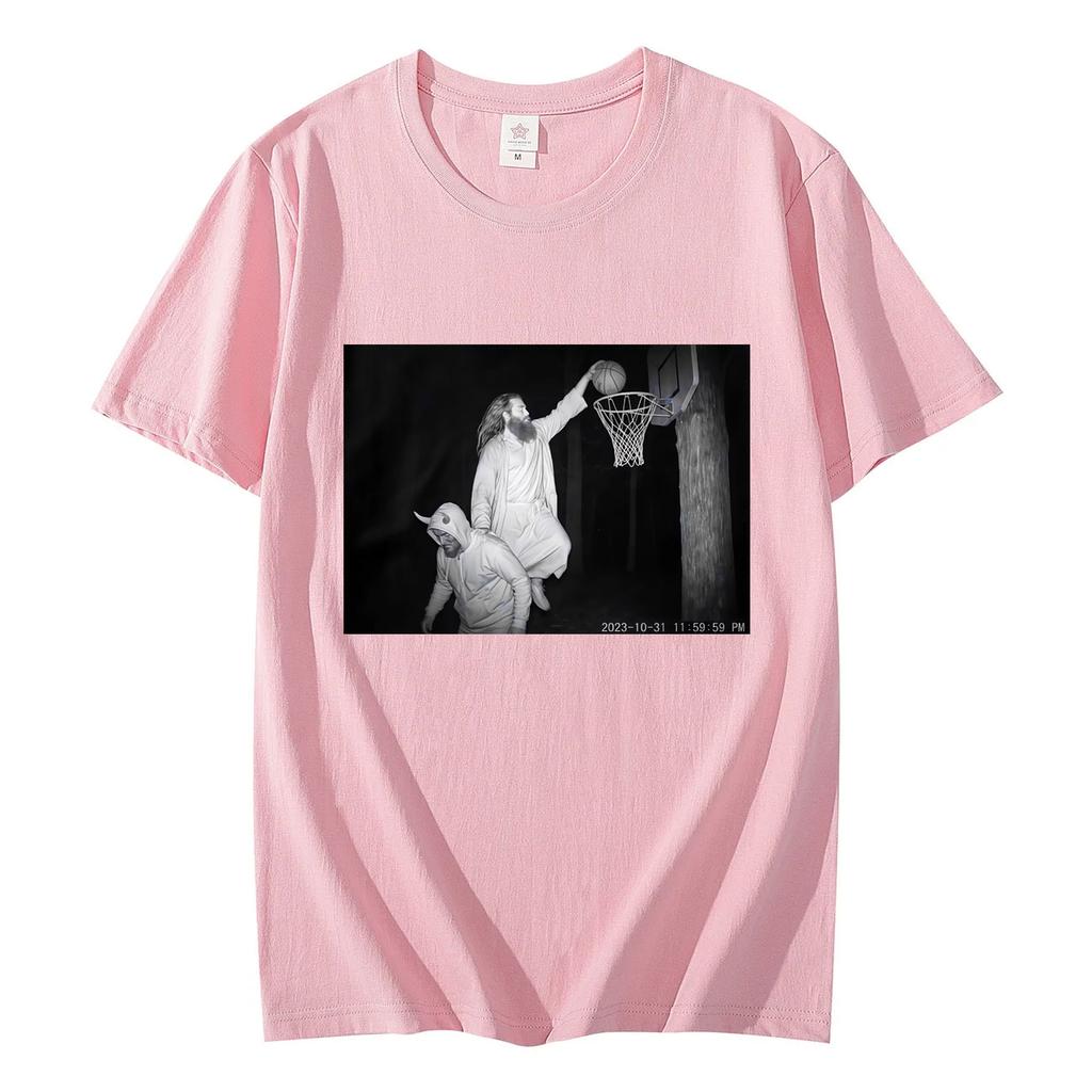 Jesus Dunking Trail Cam Funny Religious Meme Tshirt Fashion Vintage Short Sleeve T Shirts Unisex Casual Loose Cotton Tshirts