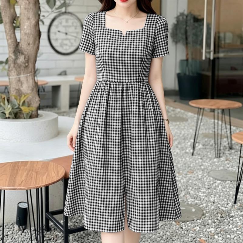 

ZANZEA Womens Square Collar Short Sleeve Casual Grid Print Dress S чёрный