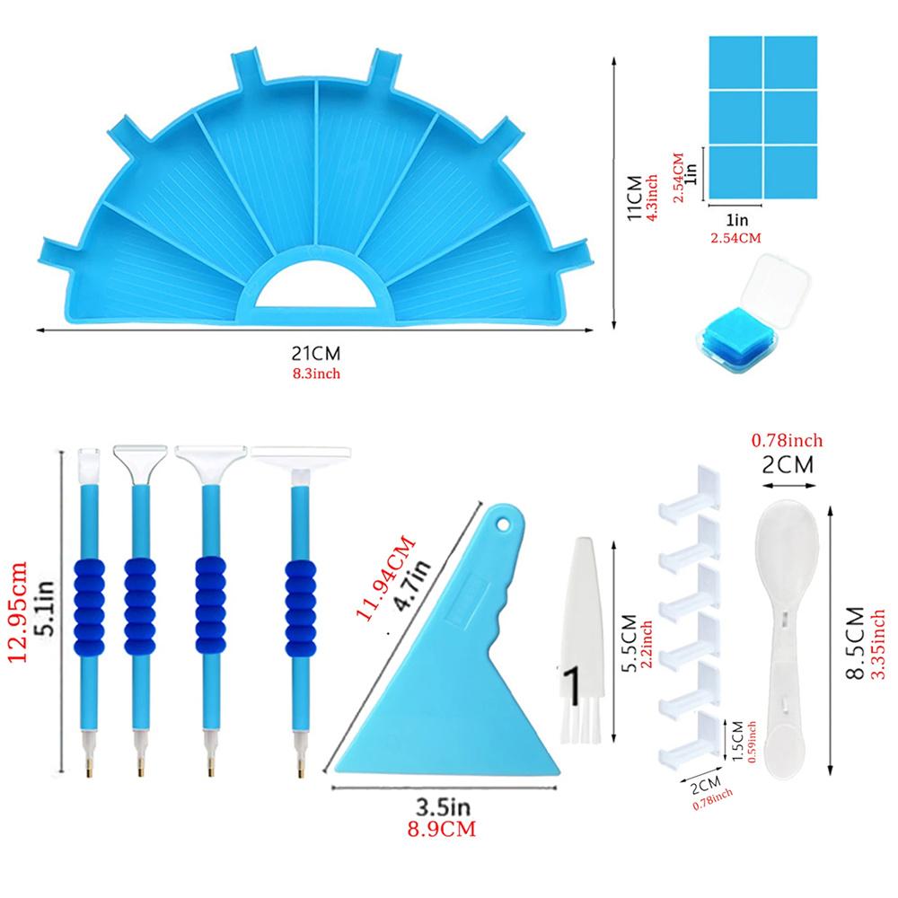 Diamond Painting Tool Kit with Fan Shaped Sorting Tray Wax Pads Craft Pens Scraper Brush Stands and Spoon for Rhinestone Art DIY Supplies