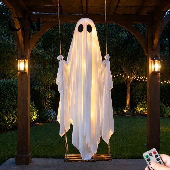 Beleuchteter Weißer Geist mit Fernbedienung Große Hängende Schaukel Halloween-Dekoration Und Lichterkette für Herbstpartys Licht, Outdoor Gruselig