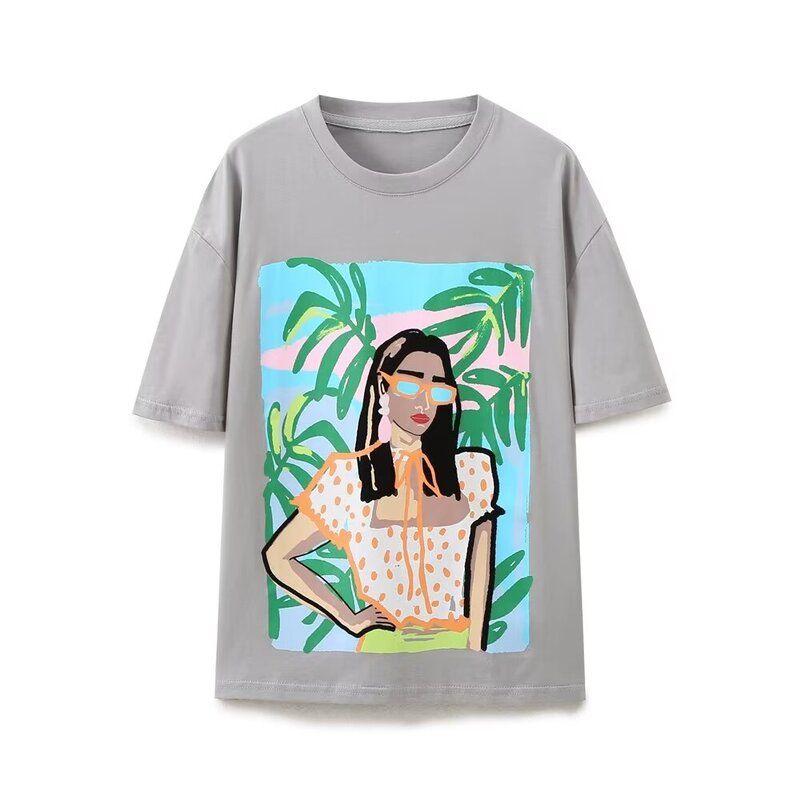 Fashion Style 2024 Autumn New Women's Cotton Plaid Fashion Print Washing Effect T-shirt 1300812