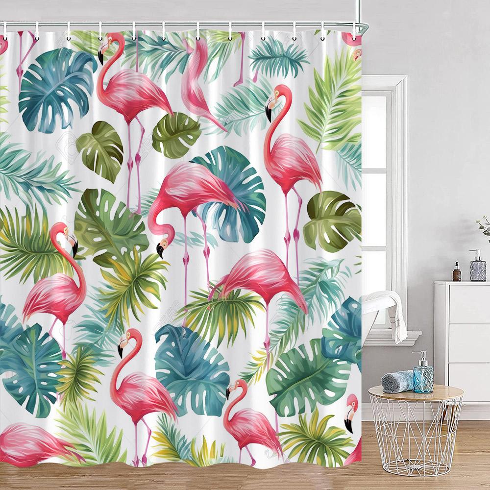 Flamingos Shower Curtains Tropical Leaves Pink Birds Green Plants Bathroom Curtain Polyester Fabric Home Decorations with Hooks