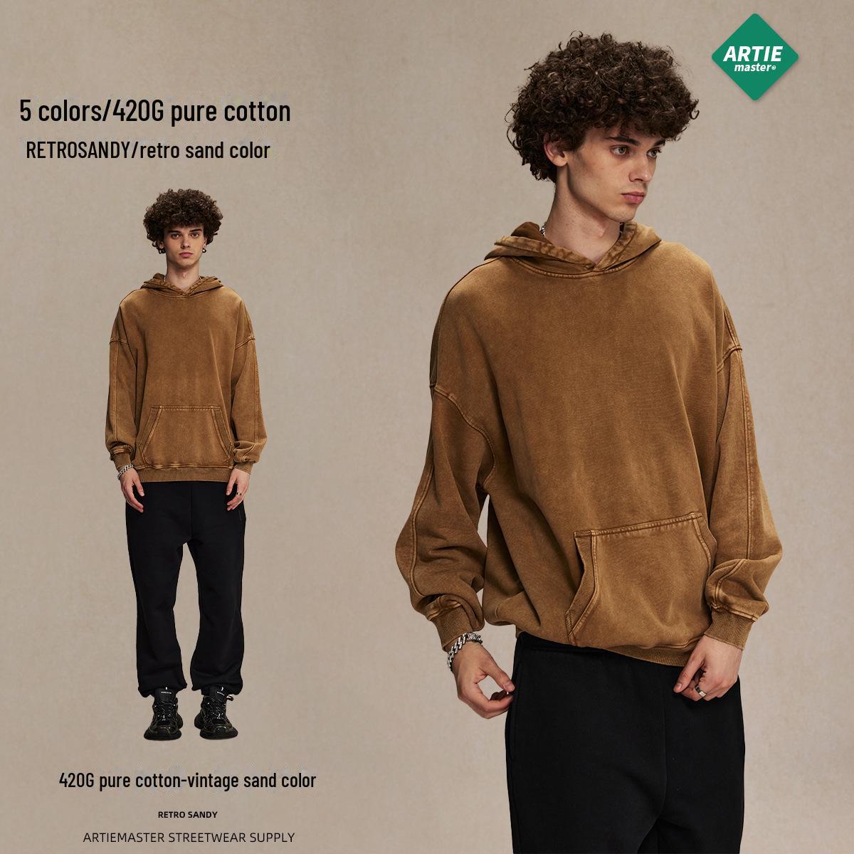 

ARTIE Мужская толстовка с капюшоном в стиле ретро с эффектом потертости | 420G Batik Washed, свободный модный топ M