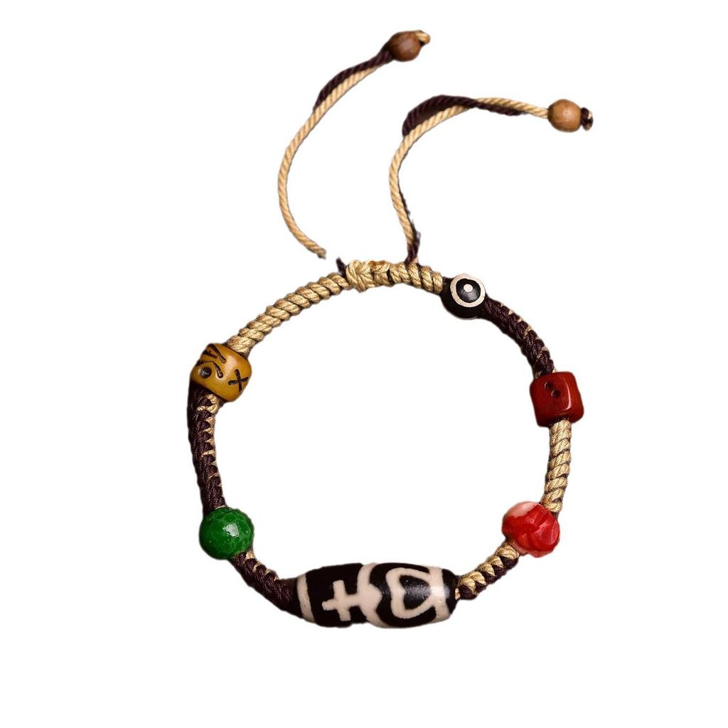 Adjustable Tibetan Handcrafted Dzi Bead Bracelet with Auspicious Hand-Rubbed Cotton Cord
