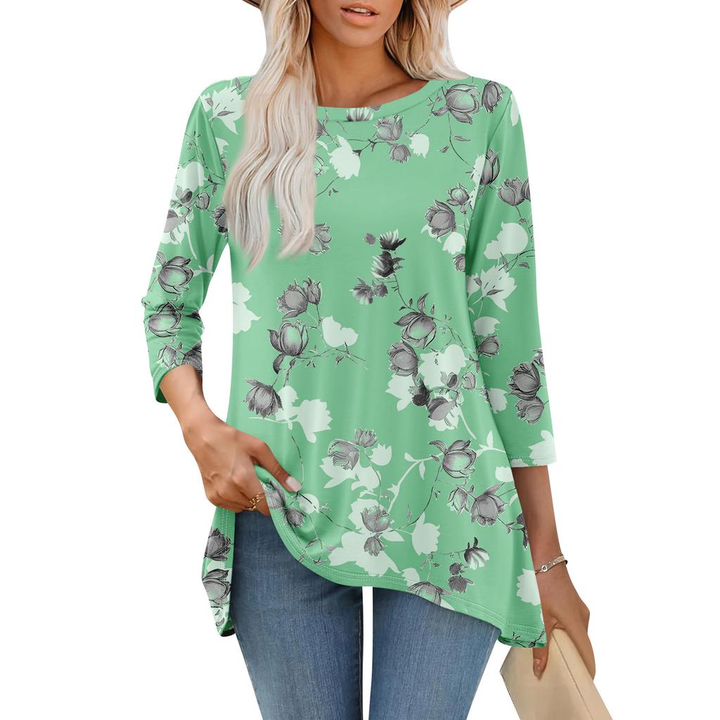 Tunika-Oberteile für Damen Locker sitzende Oberteile mit Prints 3/4-Ärmel Damenoberteile mit asymmetrischem Saum
