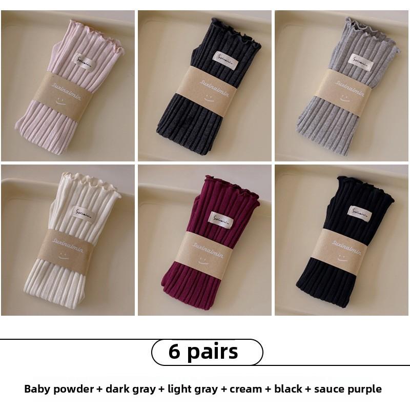 6 Pairs of Female Spring and Autumn New Sweet Wooden Ear Edge Suction Sweat Vertical Tube Stack Socks