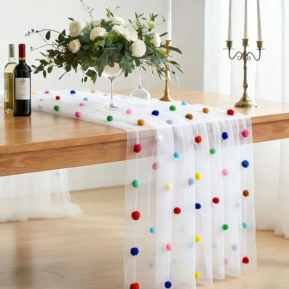 Romantic Tulle Table Runner Handmade Colorful Table Cover Pom-Poms Tablecloth Dining Room