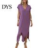 Loose Fit Solid Color Dress Womens Summer Casual Short Sleeve Midi V-neck Comfortable Lightweight Button Down Shirt for Daily Life Dating Work