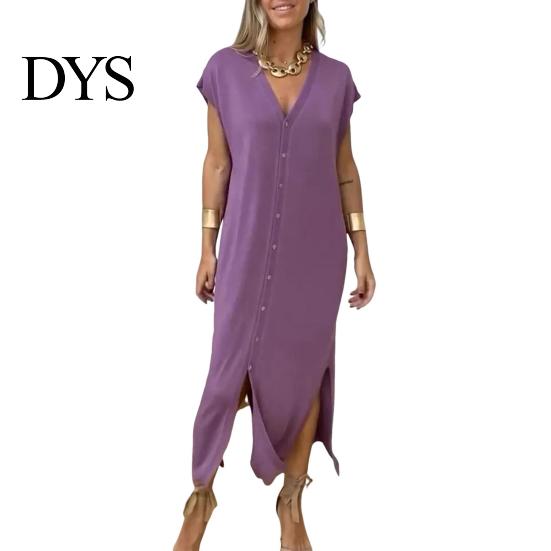 Loose Fit Solid Color Dress Womens Summer Casual Short Sleeve Midi V-neck Comfortable Lightweight Button Down Shirt for Daily Life Dating Work