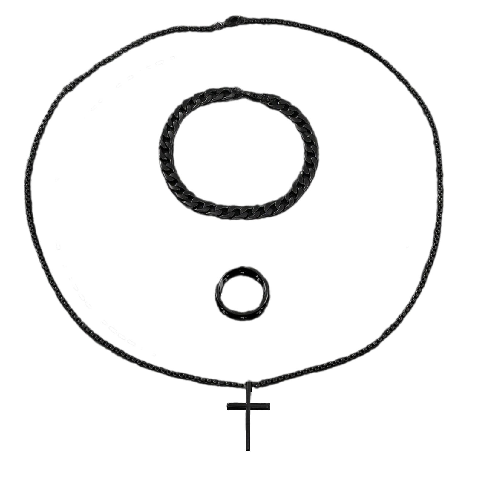 

Elegant Men Alloy Jewelry Set with Cross Necklace Bracelet and Rings Perfect for Fashionable and Religious Occasions