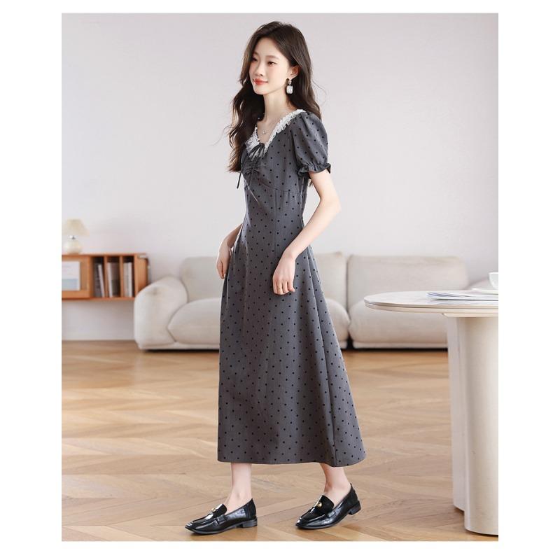 Summer Gray Dress for Women High Waist Breathable Pear Shaped Waist Design Polka Dot Dress Fashion