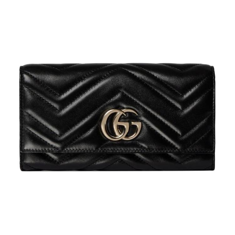 

Gucci GG Marmont Chevron Quilted Black Leather Continental Wallet With Gold Hardware For Women Luxury Daily Use Basic Set (Bag+Dust Bag)